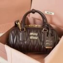 Miu Miu Style Quilted Boston Bag - Vintage Pleated Leather Handbag & Crossbody Bag - coffee