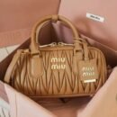 Miu Miu Style Quilted Boston Bag - Vintage Pleated Leather Handbag & Crossbody Bag - Brown