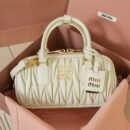 Miu Miu Style Quilted Boston Bag - Vintage Pleated Leather Handbag & Crossbody Bag - white