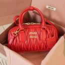 Miu Miu Style Quilted Boston Bag - Vintage Pleated Leather Handbag & Crossbody Bag - red