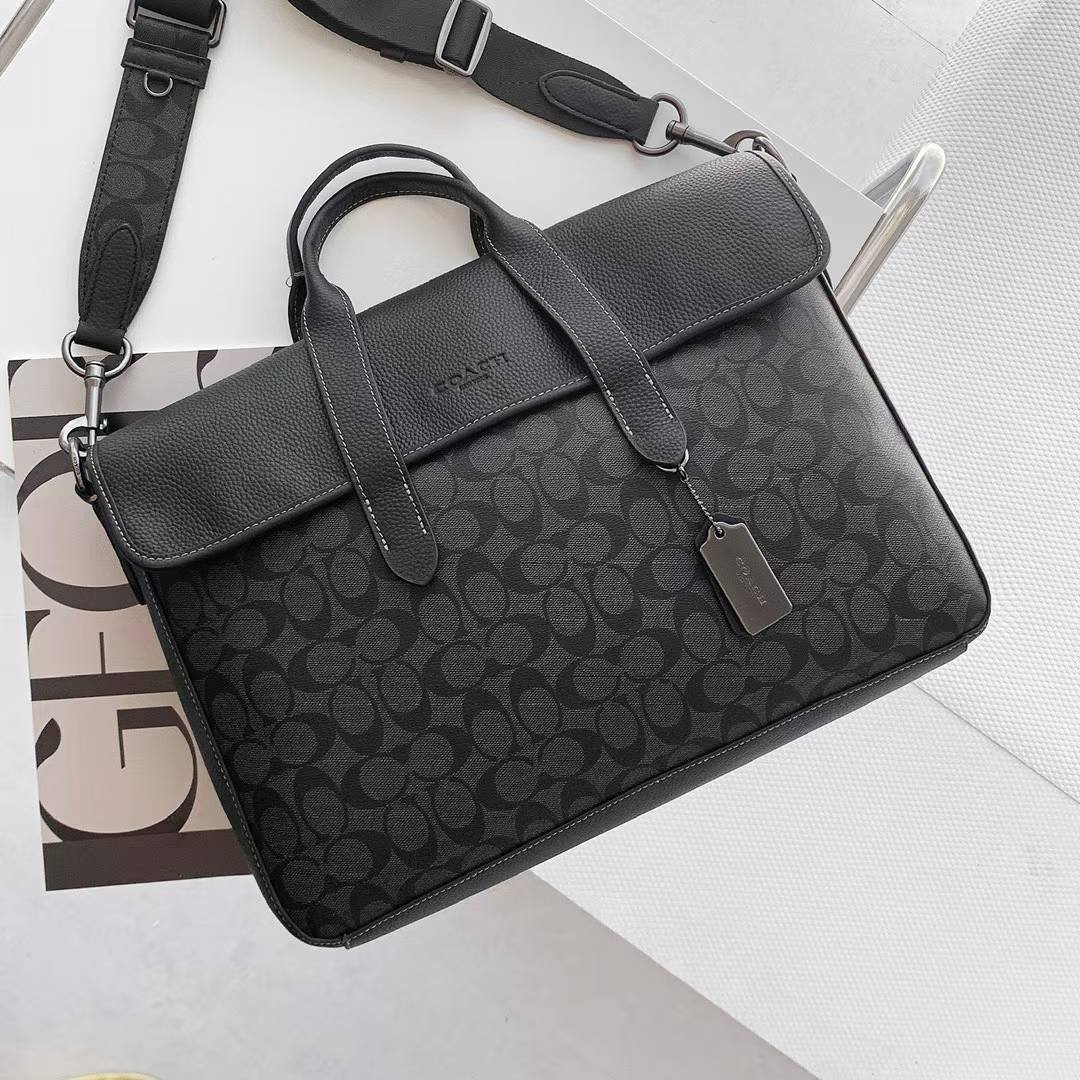 Coach Signature Black & Grey Monogram Men’s Briefcase, Business Laptop Bag