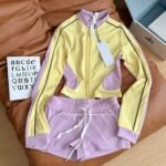 Alo American-style fitness sport yoga training outfit, slim-fit color-block long-sleeve top and shorts two-piece set - yellow-purple