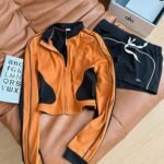 Alo American-style fitness sport yoga training outfit, slim-fit color-block long-sleeve top and shorts two-piece set - Orange