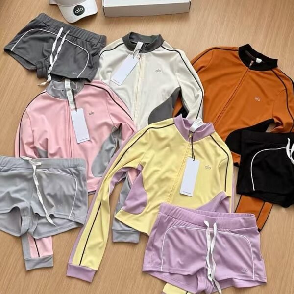 Alo American-style fitness sport yoga training outfit, slim-fit color-block long-sleeve top and shorts two-piece set