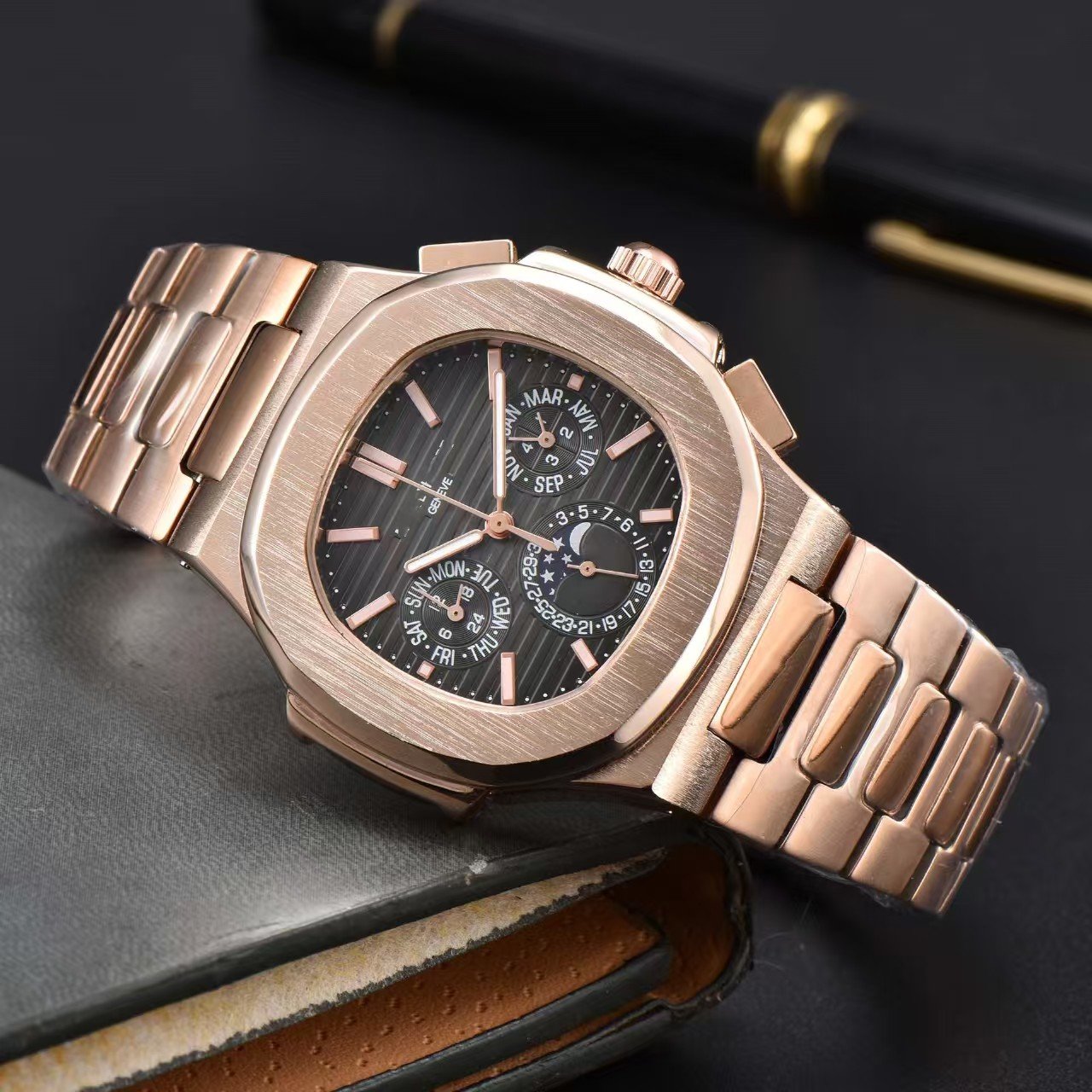 Fashion 6-Hands Chronograph Steel Strap Watch, Patek Nautilus Business Men's Quartz Wristwatch
