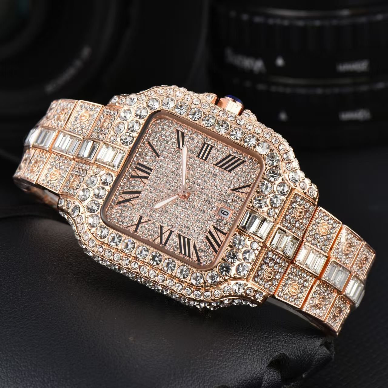 New Arrival Square Fully Diamond Men Watch, Fashion Full Diamond Steel Band Three Hands Quartz Wristwatch