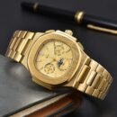 Fashion 6-Hands Chronograph Steel Strap Watch, Patek Nautilus Business Men's Quartz Wristwatch - Gold