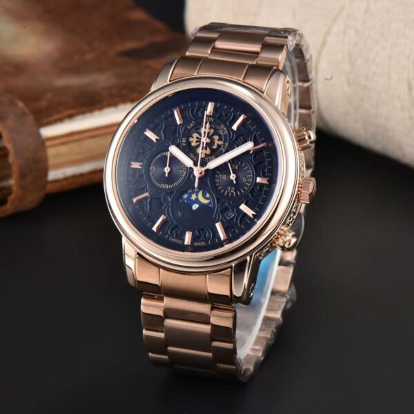 40mm Round Quartz Watch | Rose Gold Stainless Steel Case, Rubber Strap, Calendar Display Men's Wrist Watch