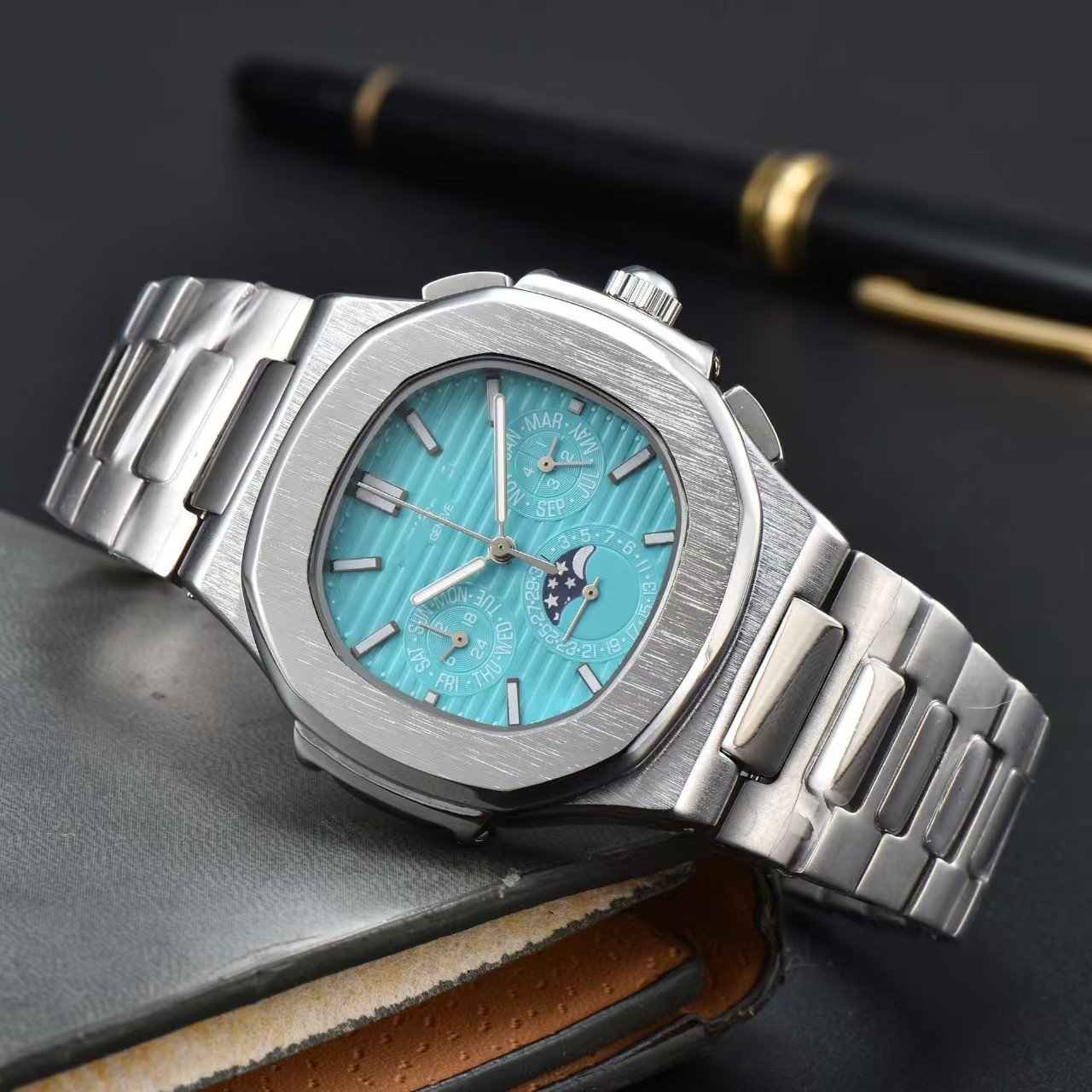 Fashion 6-Hands Chronograph Steel Strap Watch, Patek Nautilus Business Men's Quartz Wristwatch - Image 3