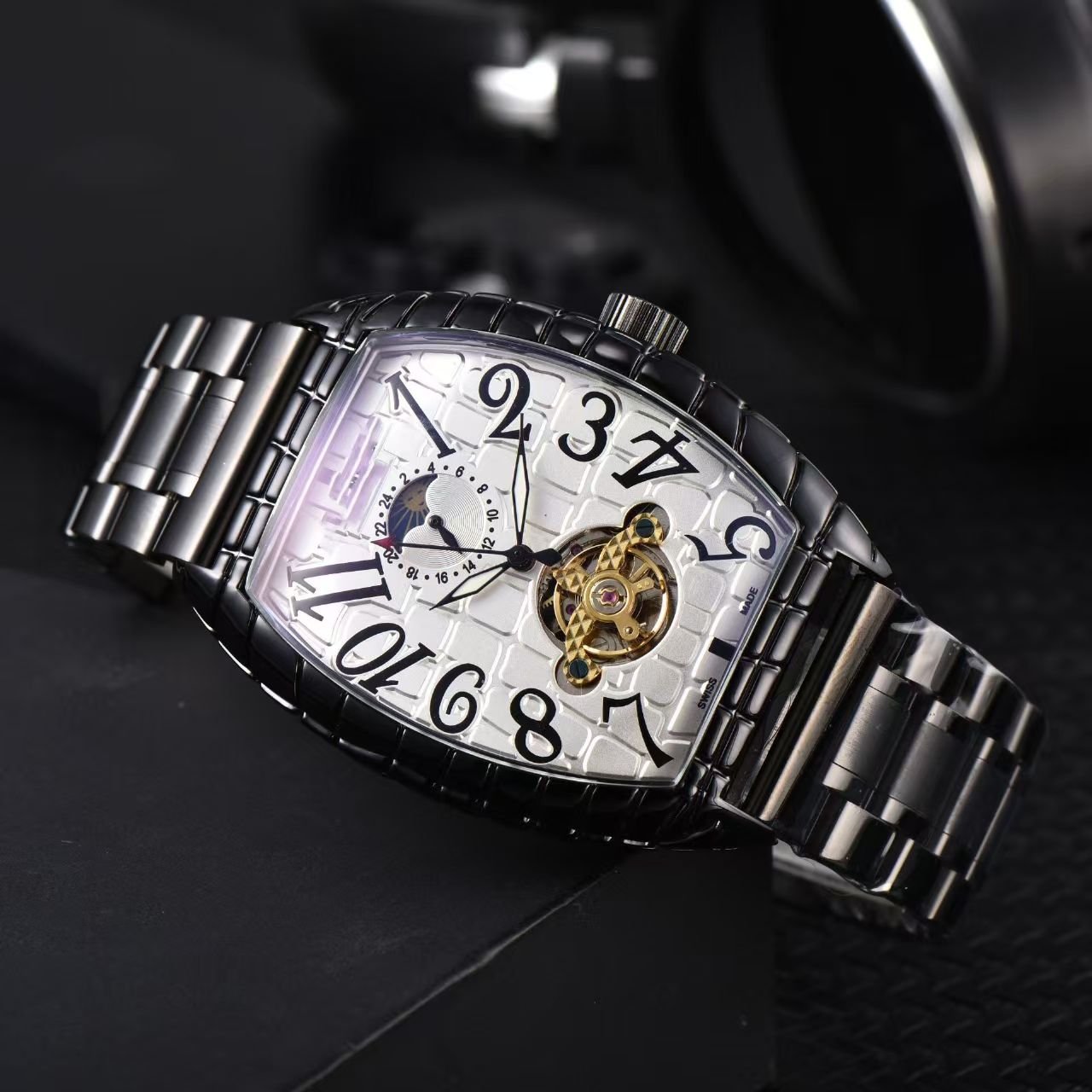 Falan Exquisite Barrel Designed Men Business Timepiece, Soft Genuine Leather Strap Automatic Mechanical Watch