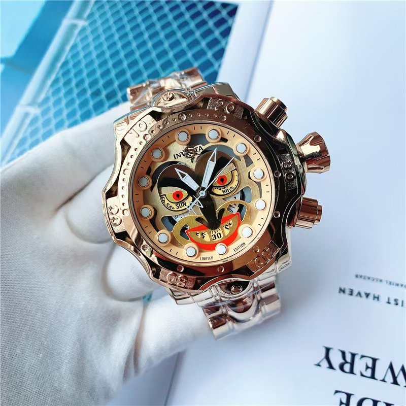 Fashion Invicta Joker Men Quartz Watch, Colorful Large Dial Calendar Waterproof Stainless Steel Band Wristwatch