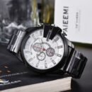 Multifunctional Chronograph Men Quartz Watch, Business Style Large Dial Waterproof Steel Band Fashion Wristwatch - white black