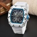 Fashion Trend Tonneau Men Quartz Watch, Richard Style Carbon Fiber Skeleton Waterproof Silicone Strap Wristwatch - white
