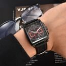 Fashion Men Square 6 Hands Full-Function Quartz Watch, Two-Tone Multifunctional Chronograph Wrist Watch for Men - red black