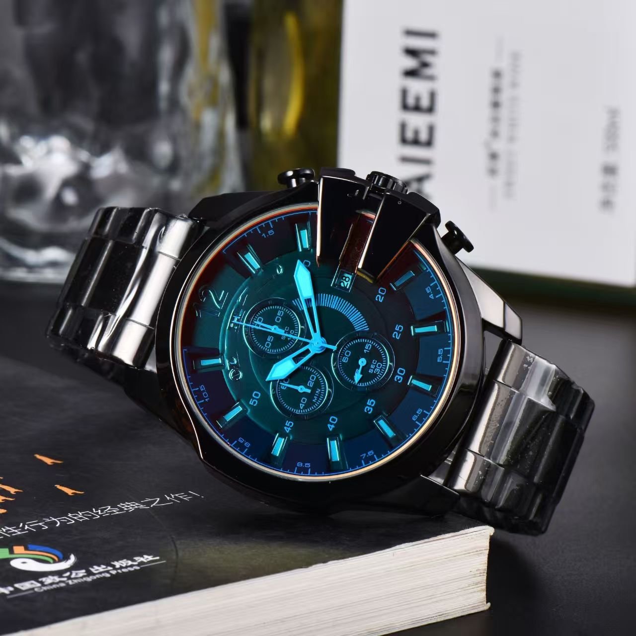 Multifunctional Chronograph Men Quartz Watch, Business Style Large Dial Waterproof Steel Band Fashion Wristwatch