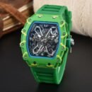 Fashion Trend Tonneau Men Quartz Watch, Richard Style Carbon Fiber Skeleton Waterproof Silicone Strap Wristwatch - Green