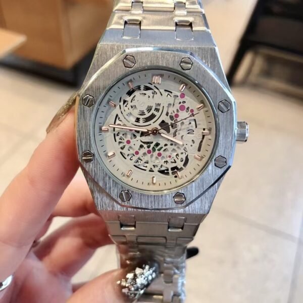 AP Style Men Hexagon Skeleton Mechanical Watch, Stainless Steel Business Wristwatch