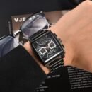 Fashion Men Square 6 Hands Full-Function Quartz Watch, Two-Tone Multifunctional Chronograph Wrist Watch for Men