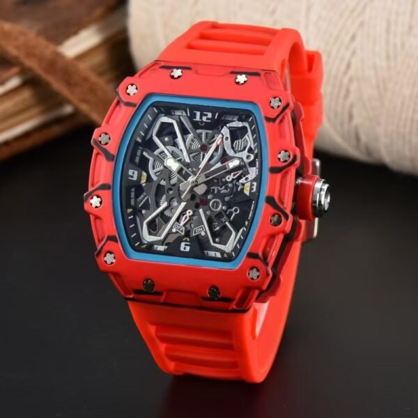 Fashion Trend Tonneau Men Quartz Watch, Richard Style Carbon Fiber Skeleton Waterproof Silicone Strap Wristwatch