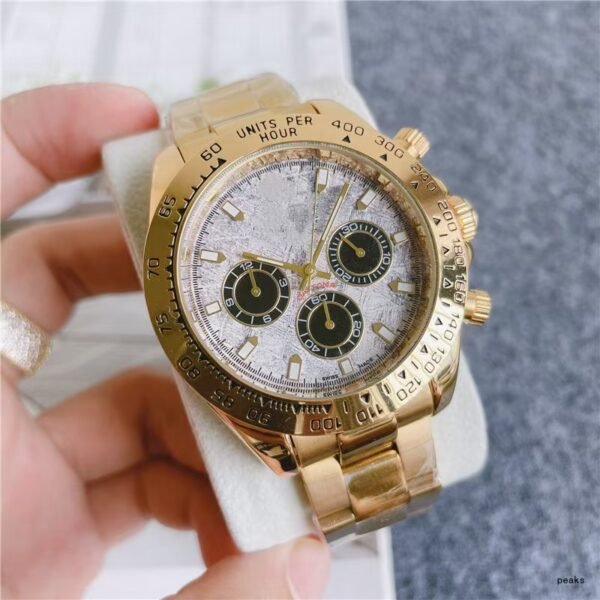 RL Style Daytona Men Automatic Mechanical Watch, 4130 Movement Panda & Green Gold Dial Chronograph Wristwatch