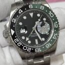 Men Automatic Mechanical Watch, Left-Handed GMT Greenwich Submarine Style Waterproof Sports Steel Band Wristwatch - green silver