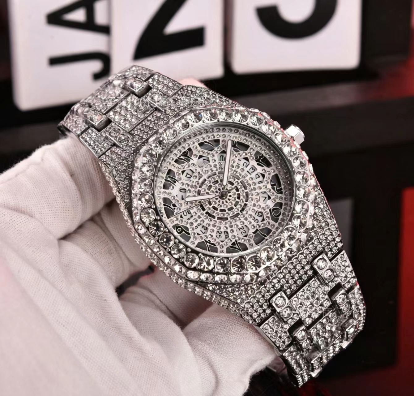 European American Trend Hip Hop Fully Diamond Watch, Arabic Numeral Skeleton Men's Quartz Wrist Watch - Image 4