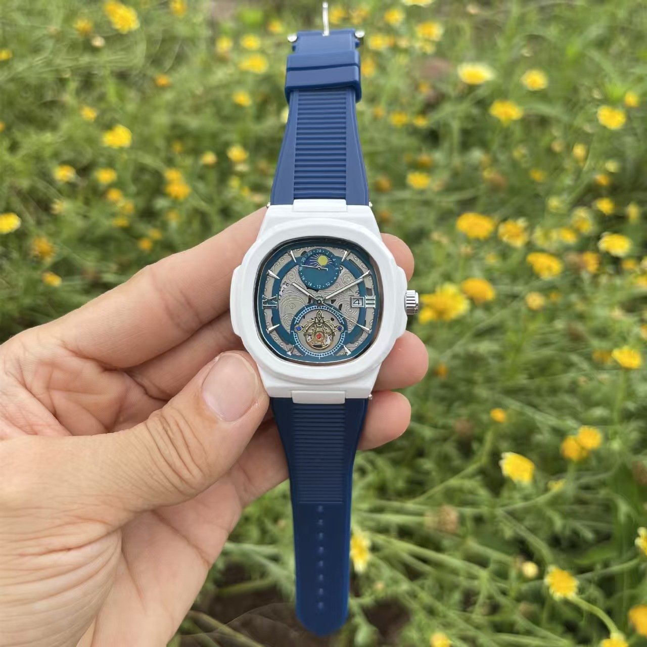 Business Men Stainless Steel Strap Quartz Watch, Multi-Function 5 Hands Moon Phase Calendar Watch