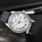 Men Watch with Diamond Bezel & Rubber Strap, Stainless Steel Case Waterproof Business Casual Wristwatch - Silver