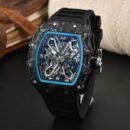 Fashion Trend Tonneau Men Quartz Watch, Richard Style Carbon Fiber Skeleton Waterproof Silicone Strap Wristwatch - Black