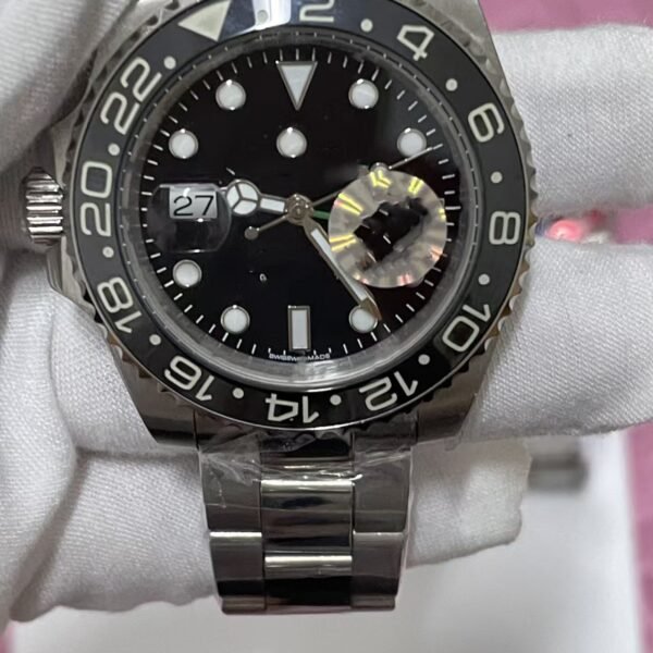 Men Automatic Mechanical Watch, Left-Handed GMT Greenwich Submarine Style Waterproof Sports Steel Band Wristwatch