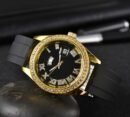 Men Watch with Diamond Bezel & Rubber Strap, Stainless Steel Case Waterproof Business Casual Wristwatch