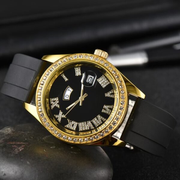 Men Watch with Diamond Bezel & Rubber Strap, Stainless Steel Case Waterproof Business Casual Wristwatch
