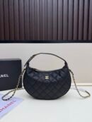 Classic Diamond Quilted Moon Shape Hobo Bag, Black Caviar Leather Gold Hardware Chain Shoulder & Crossbody Purse