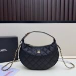 Classic Diamond Quilted Moon Shape Hobo Bag, Black Caviar Leather Gold Hardware Chain Shoulder & Crossbody Purse - Black