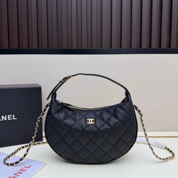 Classic Diamond Quilted Moon Shape Hobo Bag, Black Caviar Leather Gold Hardware Chain Shoulder & Crossbody Purse