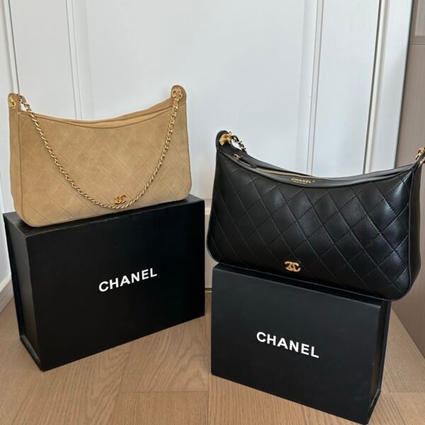 Diamond Quilted Hobo Shoulder Bag, Leather & Suede Chain Underarm Purse