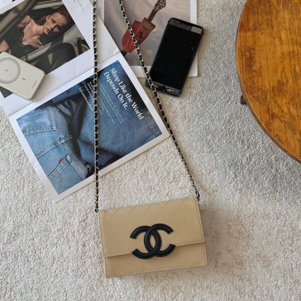 Beige Caviar Texture Quilted Flap Crossbody Bag, Contrast Logo Leather Interwoven Chain Shoulder Purse