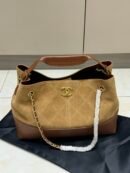 Tan Suede & Leather Patchwork Quilted Tote Bag, Interwoven Chain Shoulder Hobo Bag