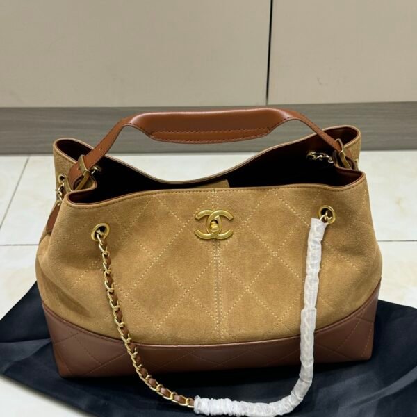 Tan Suede & Leather Patchwork Quilted Tote Bag, Interwoven Chain Shoulder Hobo Bag