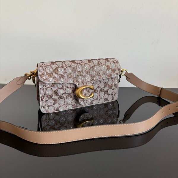Rhinestone Embellished Vintage Monogram Jacquard Flap Crossbody Bag, Antique Gold C Logo Wide Adjustable Strap Shoulder Purse